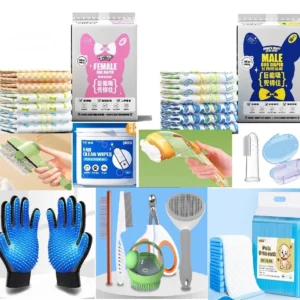 Complete set of pet cleaning supplies: wet wipes, diapers, combs, towels, suitable for cats and dogs